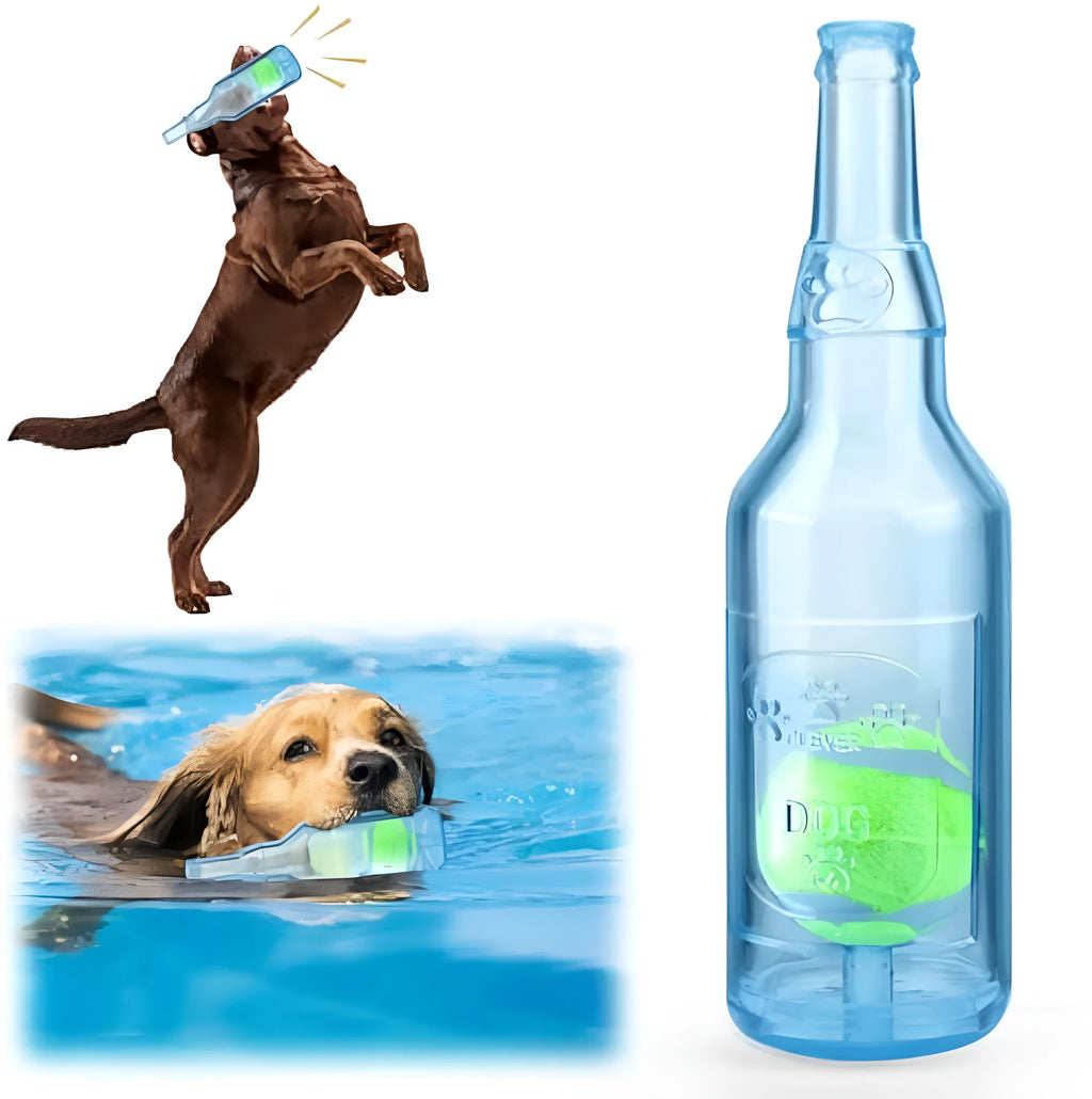 Blue water bottle dog toy with squeaker and internal tennis ball on grass