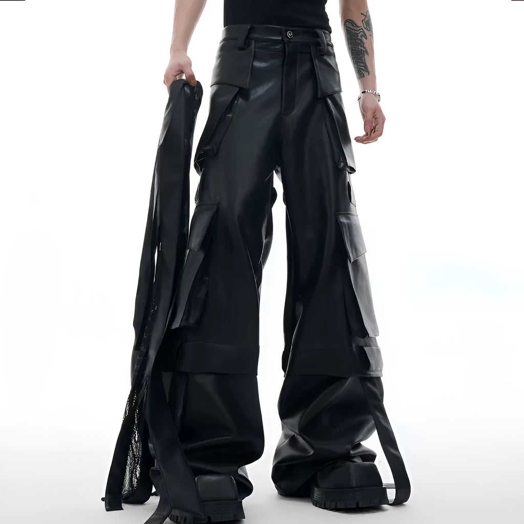 Men's black loose-fit retro trousers with quilted stitching and multiple pockets