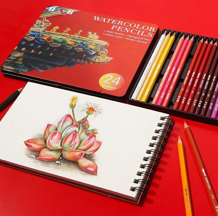 Wooden tin box open to show 24 water-soluble coloured pencils.