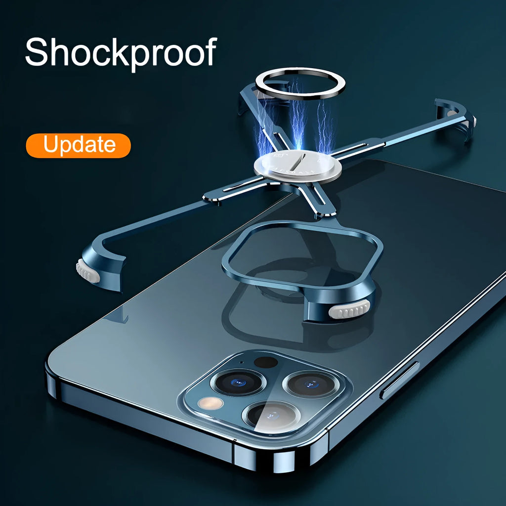 Silver X-shaped metal phone case for iPhone 12 Pro with four airbag corners and magnetic holder