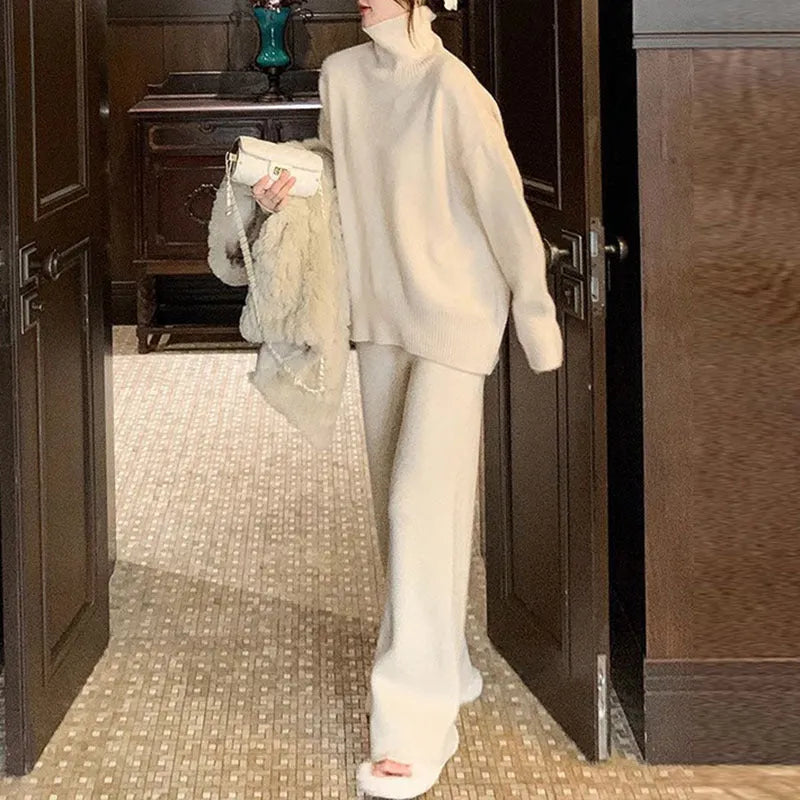 Women's beige acrylic fibre sweater and wide leg pants two-piece casual set.