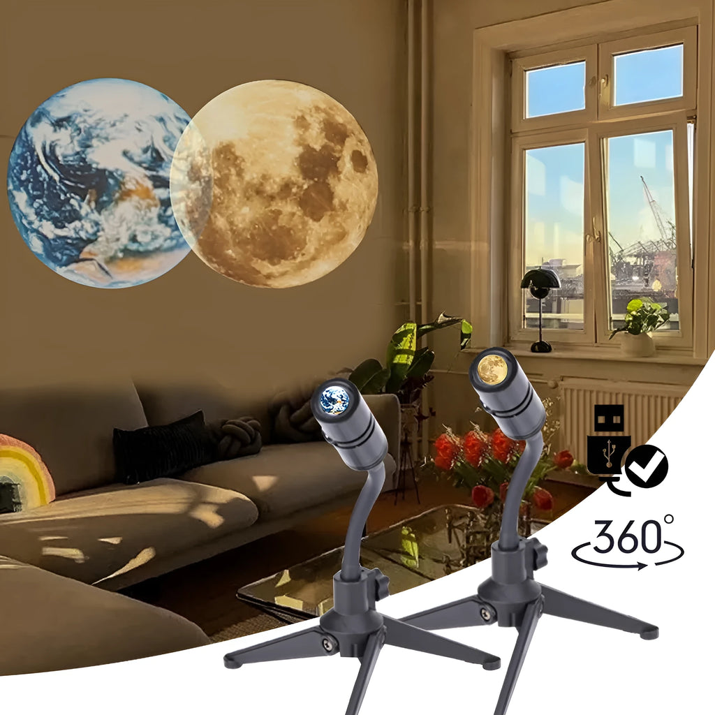 Earth and Moon projection lamp with flexible hose bracket on a bedside table