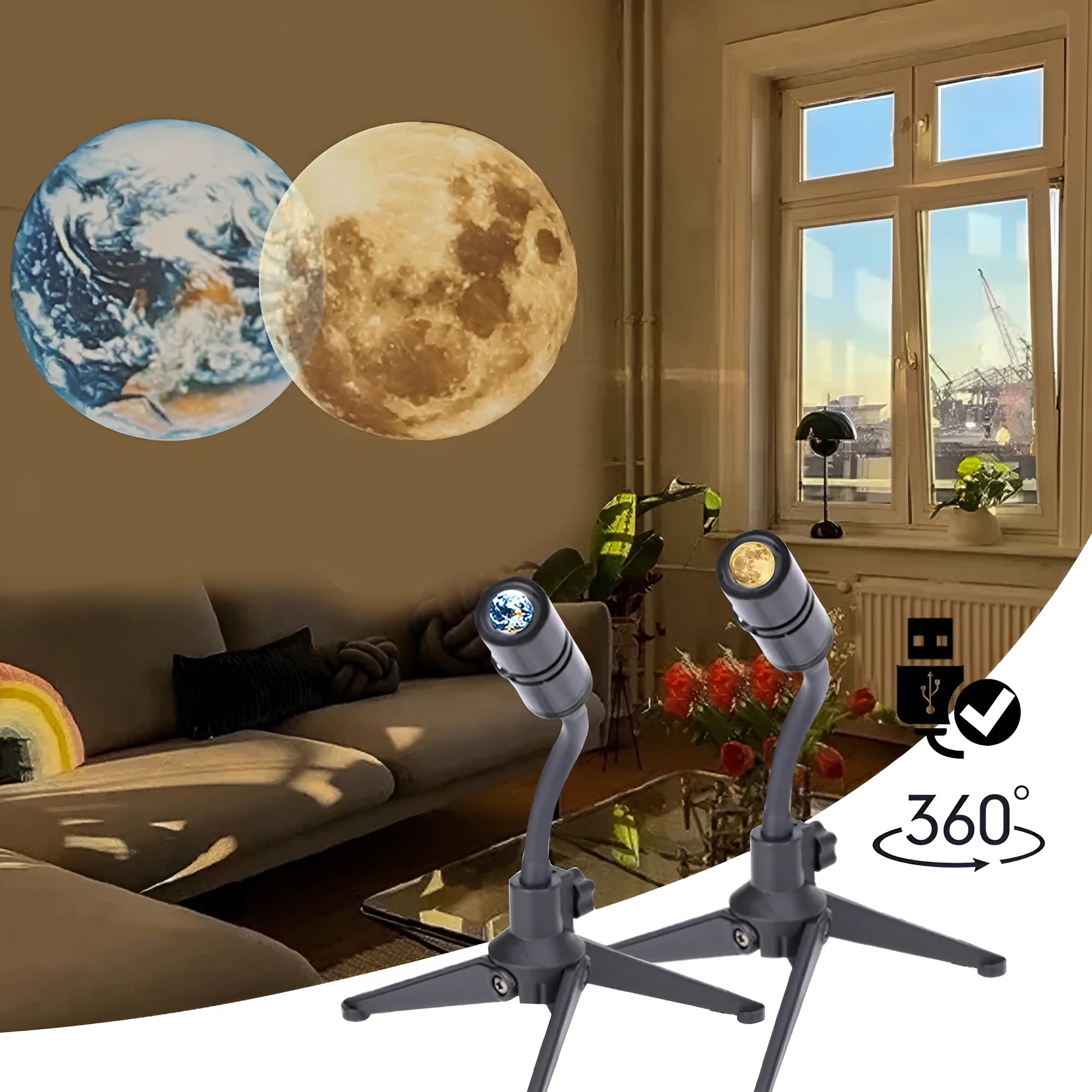 Earth and Moon projection lamp with flexible hose bracket on a bedside table
