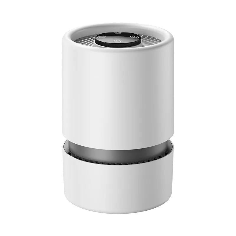 White desktop air purifier with USB cable for small room air quality improvement.