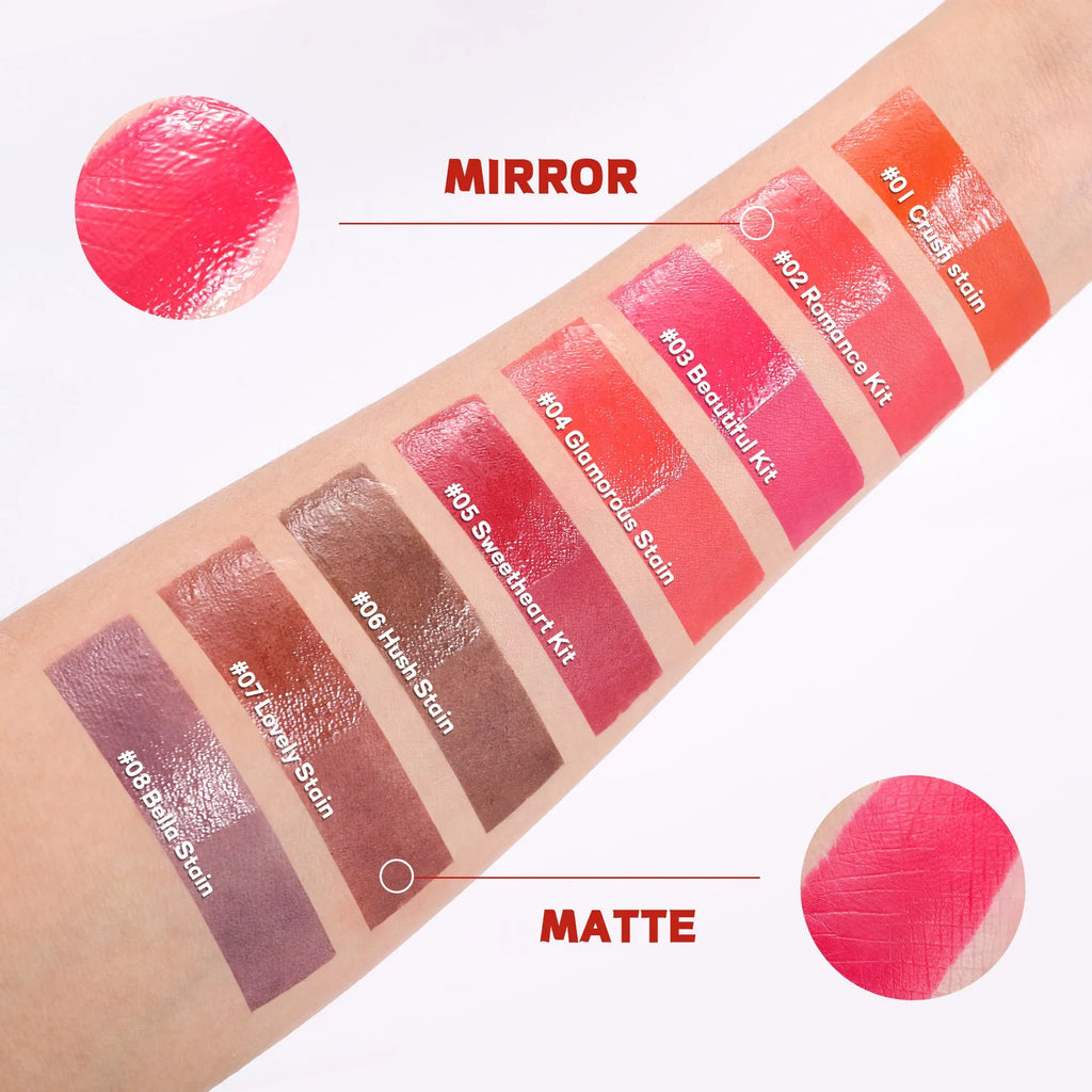 Matte waterproof moisturizing lip gloss in 8 shades, 3.8ml/4ml net content, compact size 12.9*1.4 cm