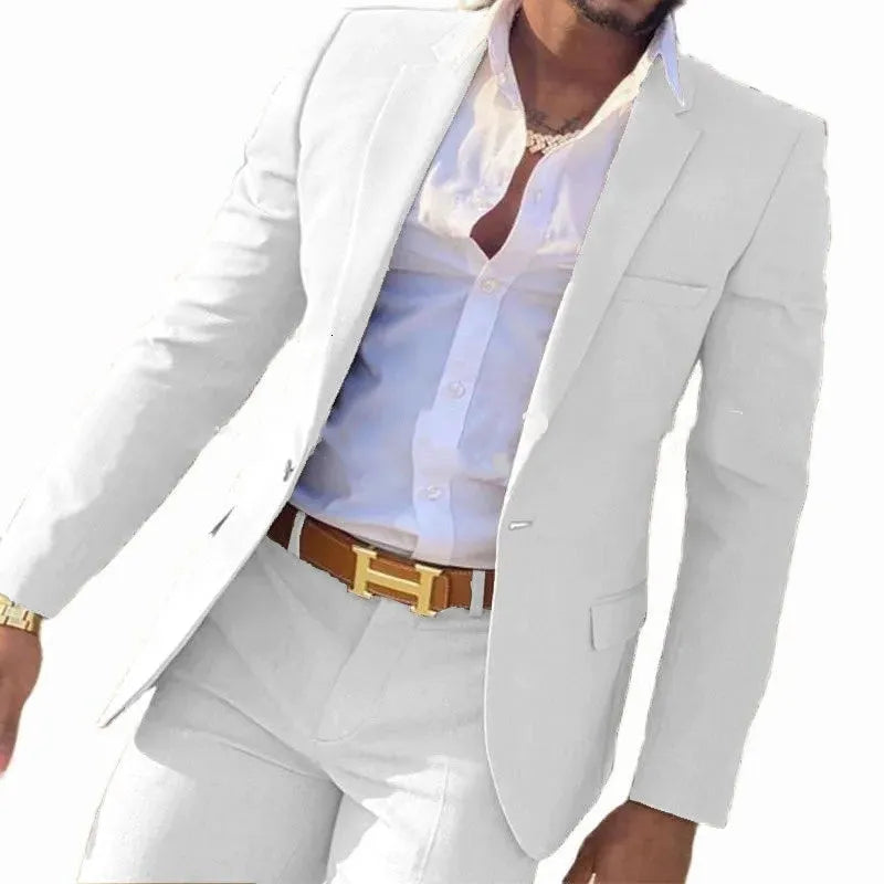 Men's two-piece cotton suit in a multicolour selection showing jacket and trousers for formal events