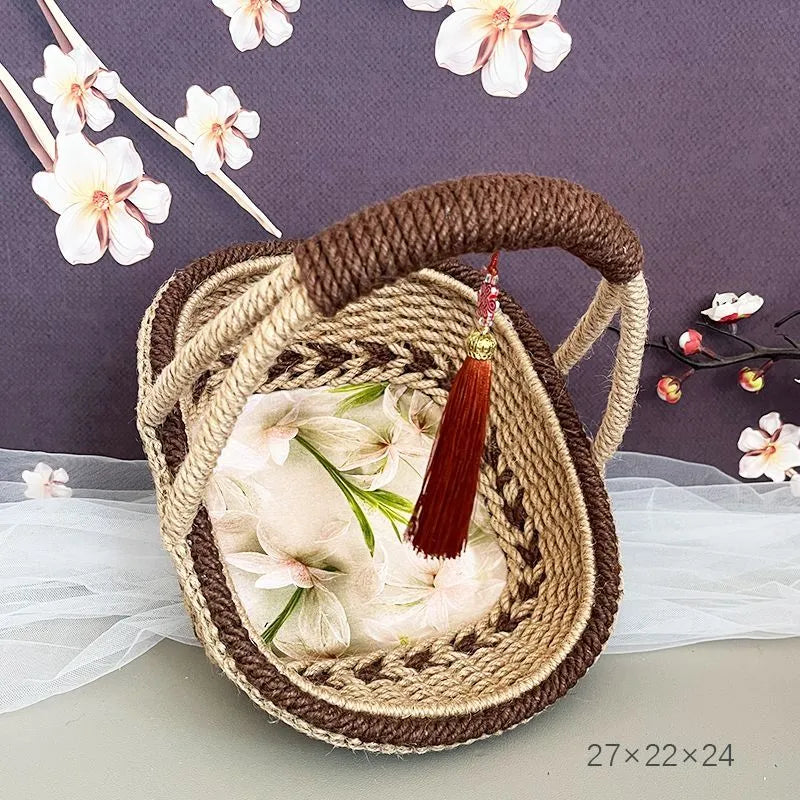 Hand-woven hemp rope basket 19x12cm in coffee brown colour with straw construction