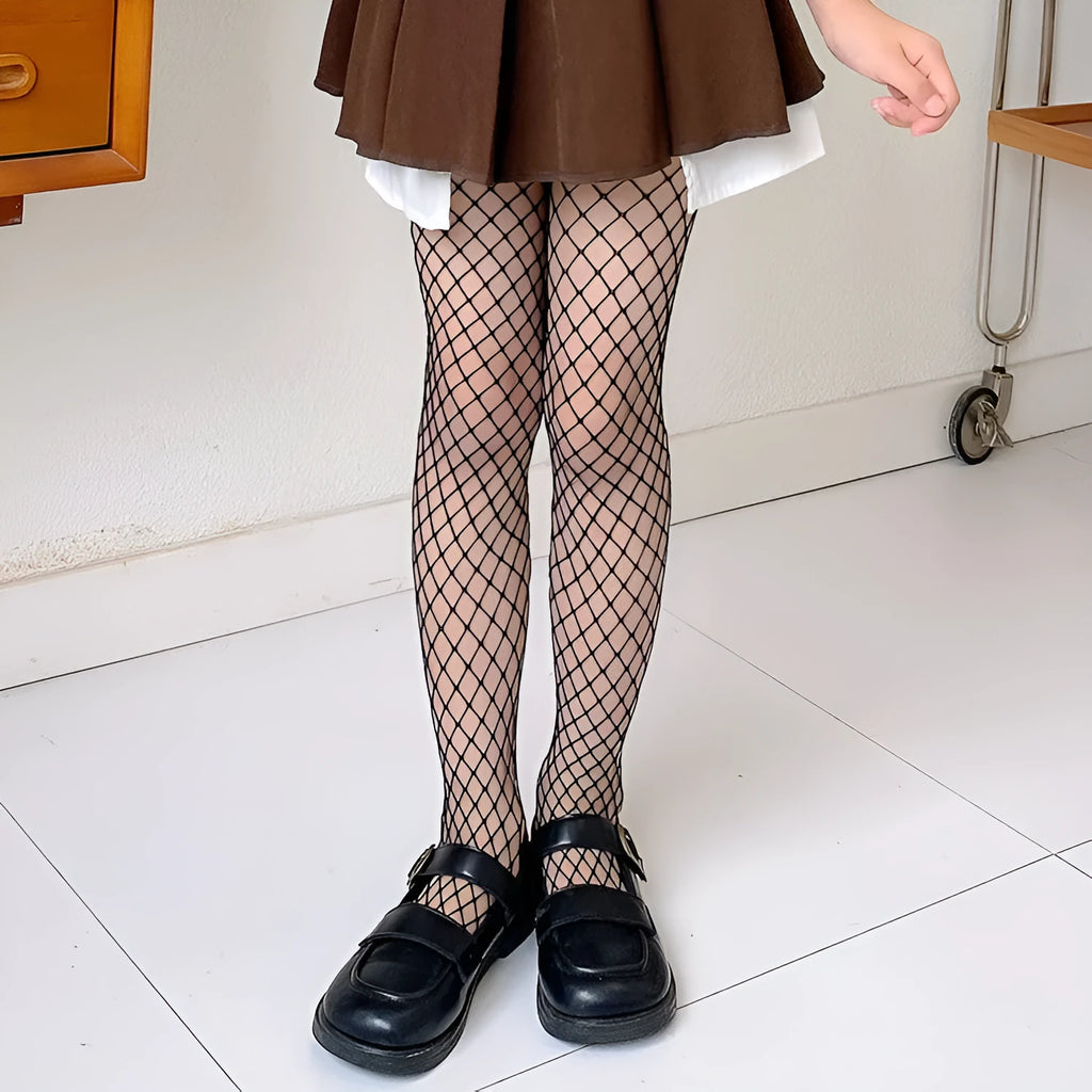 Women's sheer black and white mesh stockings showing large, medium, and small net patterns
