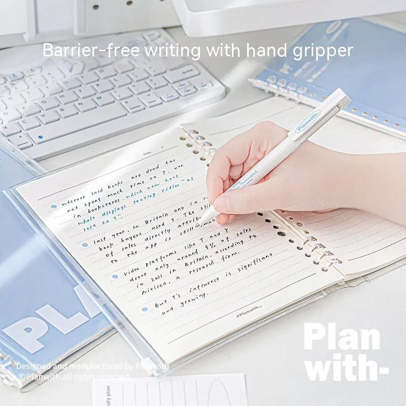 A5 size PVC spiral notebook in blue or white with a loose wire binding.