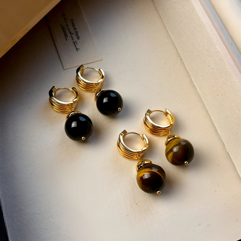Women's Tigereye earrings with real gold plating in geometry shape with round elements, French retro style