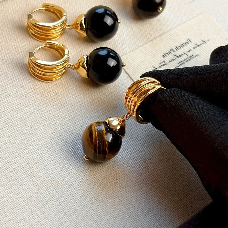 Women's Tigereye earrings with real gold plating in geometry shape with round elements, French retro style