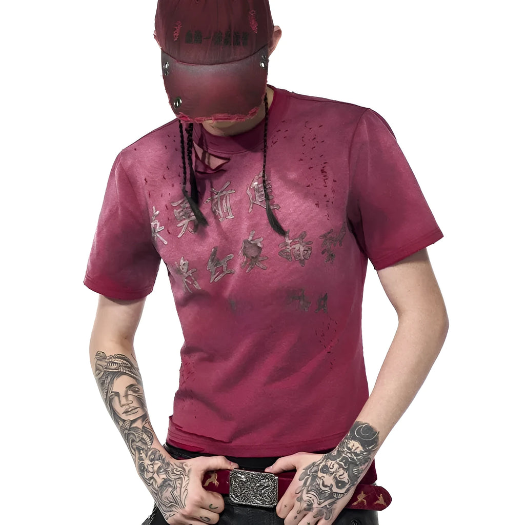 Men's red spray dirty washed distressed slim-fit short sleeve round neck T-shirt on model