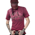 Men's red spray dirty washed distressed slim-fit short sleeve round neck T-shirt on model