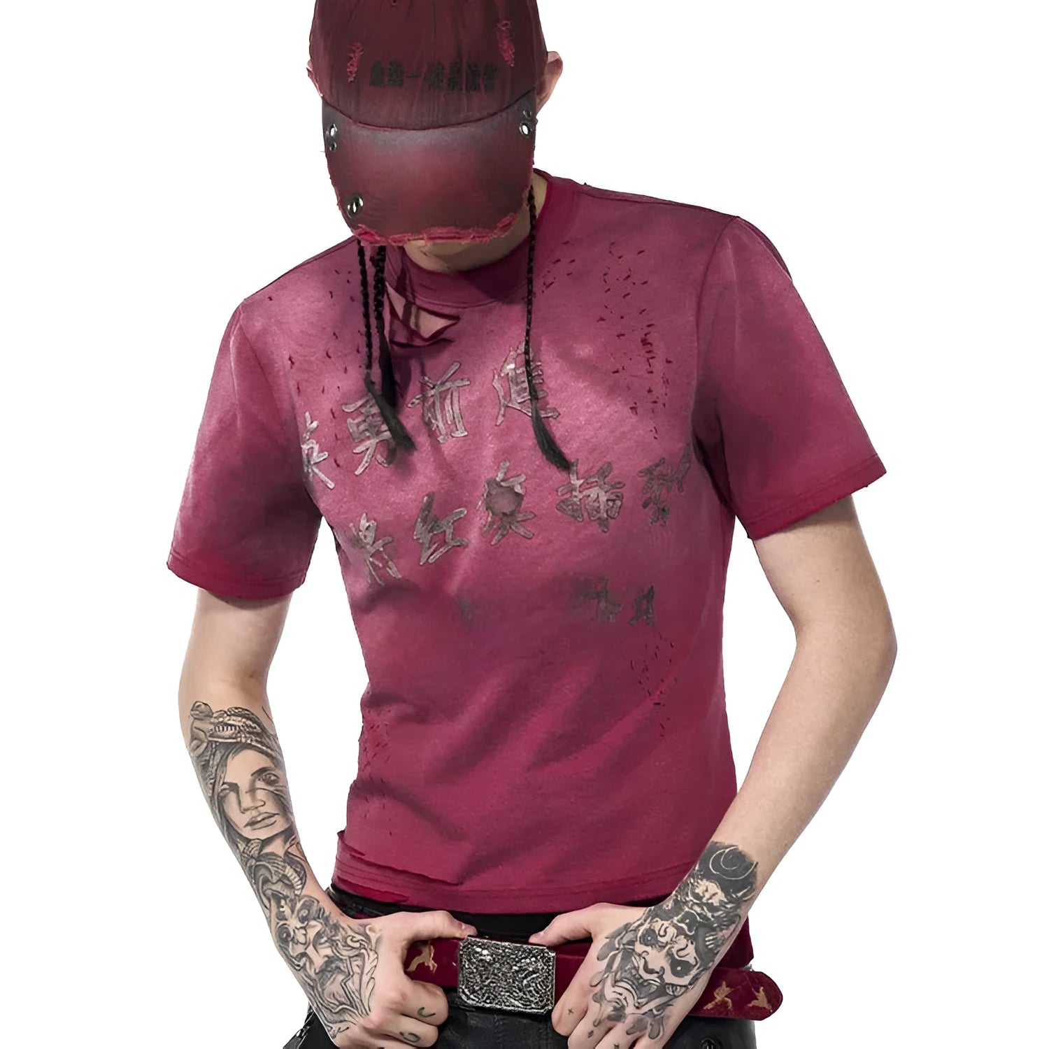 Men's red spray dirty washed distressed slim-fit short sleeve round neck T-shirt on model