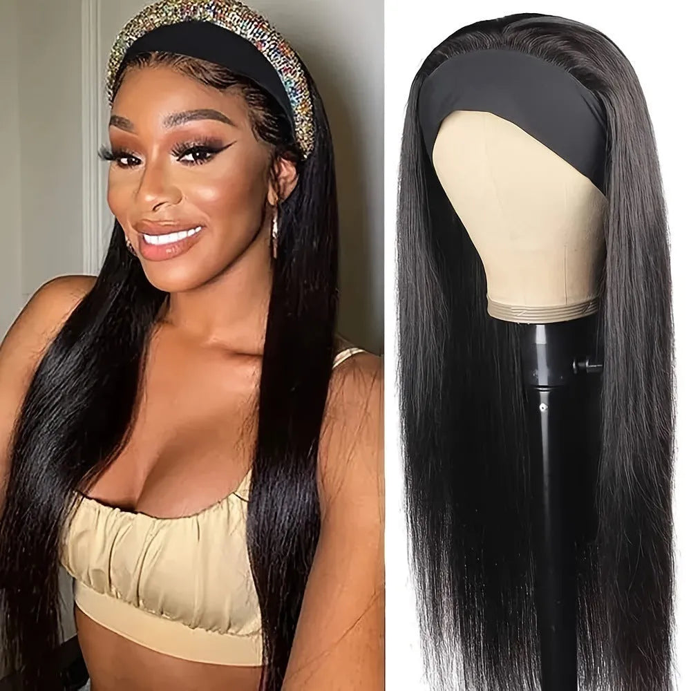 Headband wig with long straight black hair made from high temperature fibre, headband design, black colour option