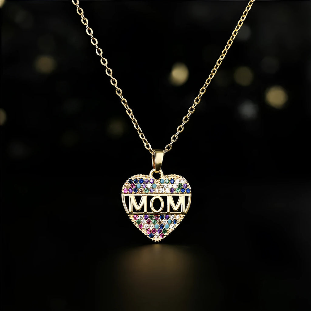 Copper peach heart MOM pendant necklace with micro inlay, gold colour, adjustable chain 21-50cm