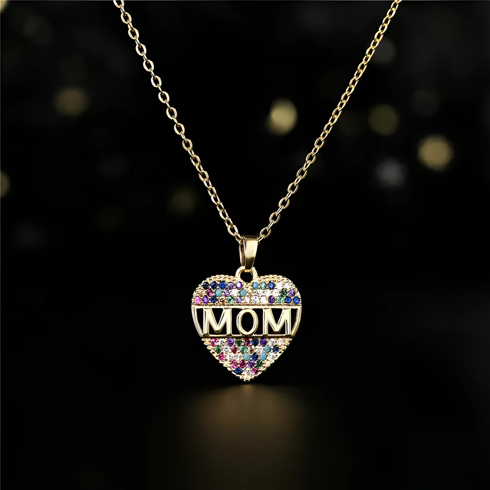 Copper peach heart MOM pendant necklace with micro inlay, gold colour, adjustable chain 21-50cm