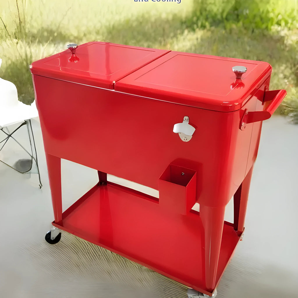 Red outdoor metal insulated trolley with 750ml cooling box for picnics