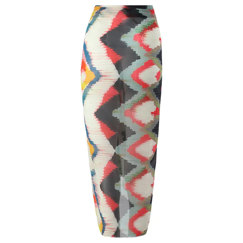 Women's two-piece swimsuit with matching hip skirt in striped gradient print