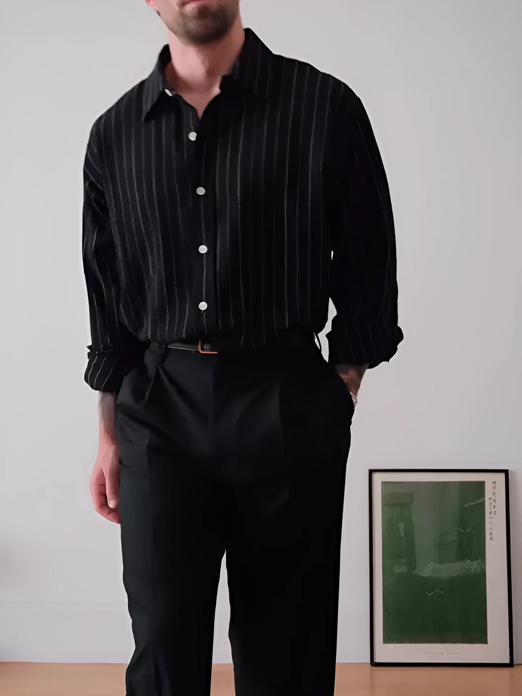Men's black pinstripe button-down shirt with regular fit and traditional collar