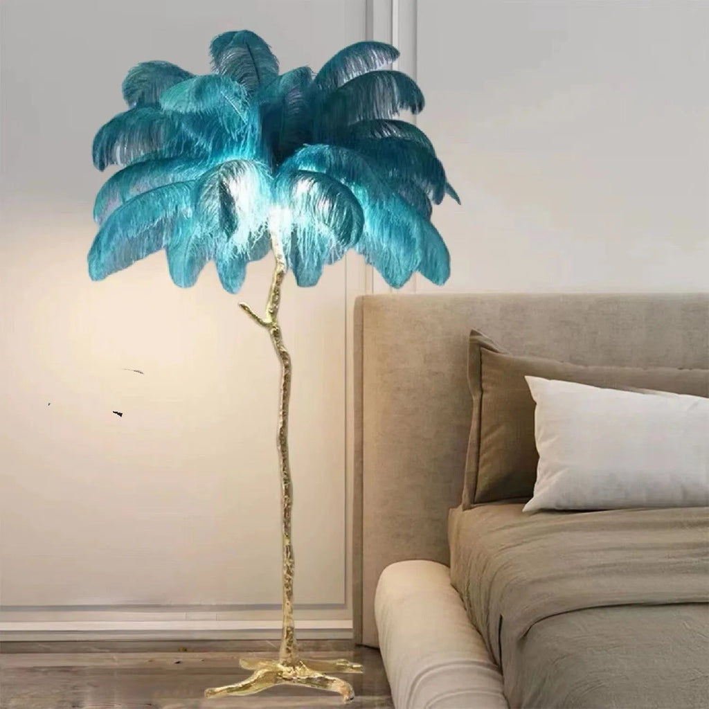 Decorative resin feather floor lamp with 32 feather details measuring 170cm tall
