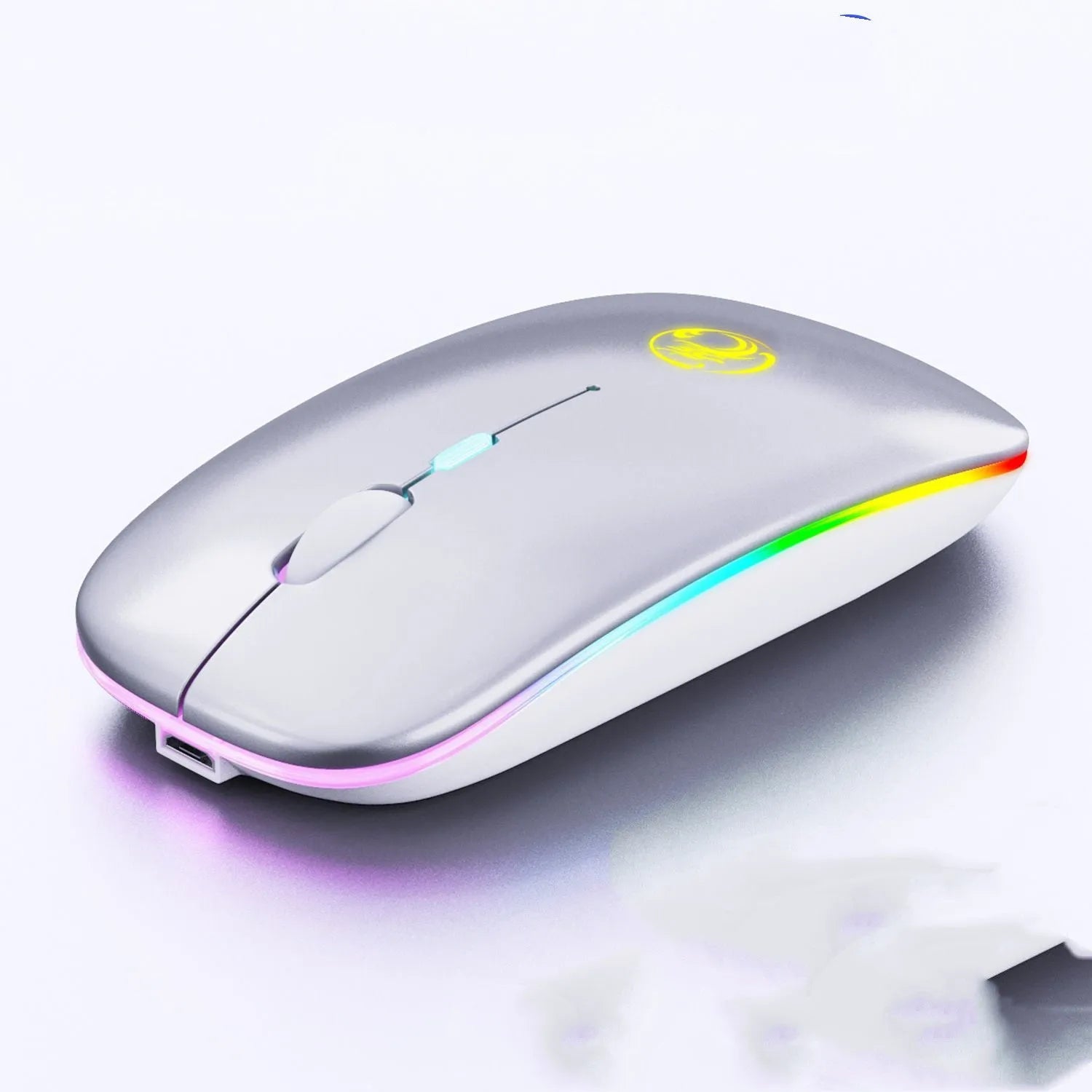 Black wireless mouse with silent buttons, Bluetooth logo, and charging port showing blue illumination
