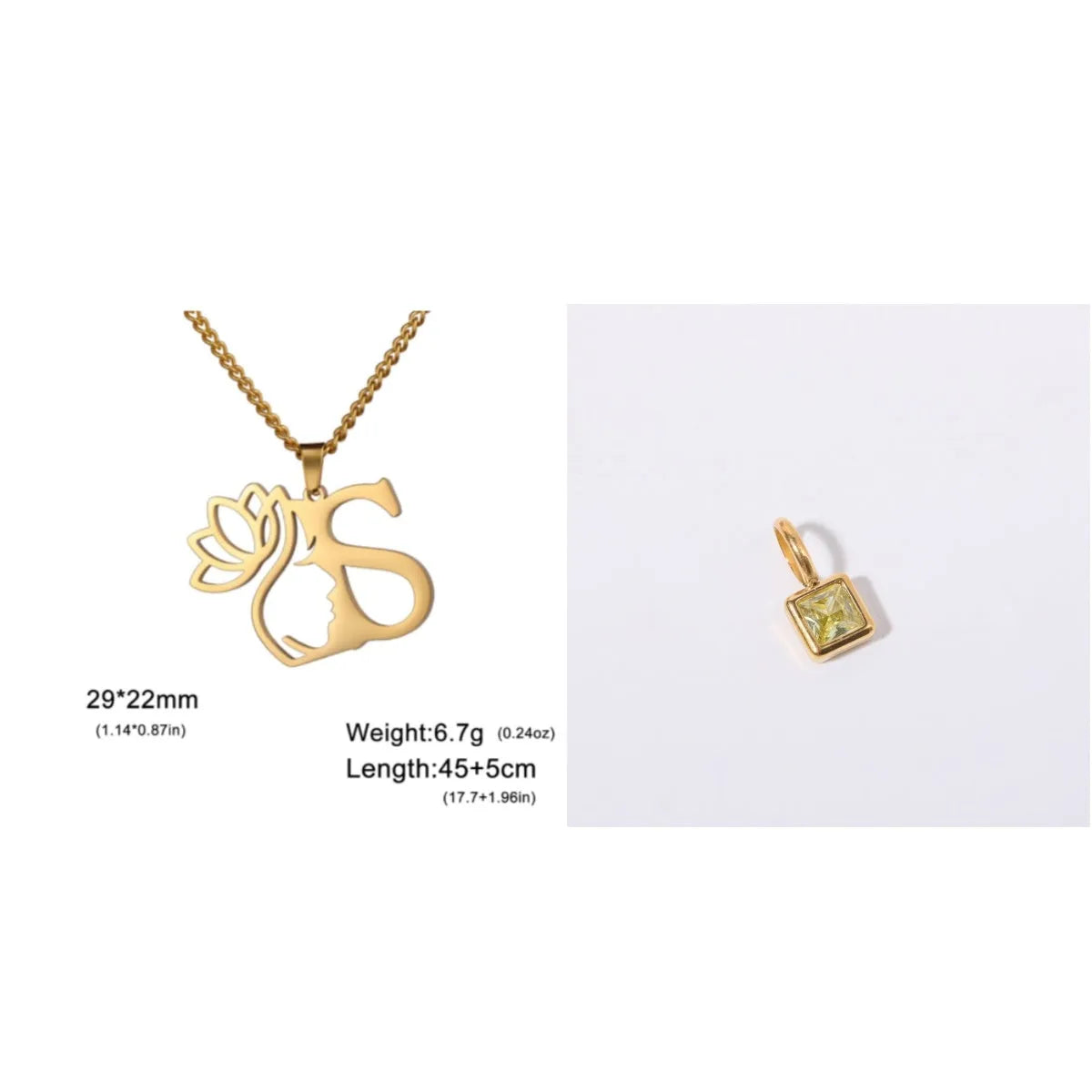 Stainless steel necklace with cross chain and a single initial pendant in gold or silver tone.
