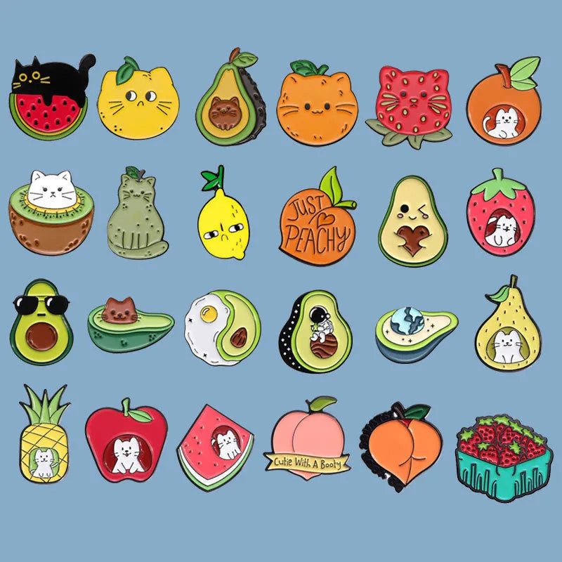 Colourful cartoon fruit shaped letter brooch made from metal zinc alloy with a pin back.
