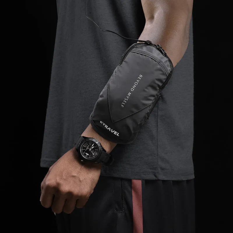 Lightweight running arm bag with reflective strips showing three colour options