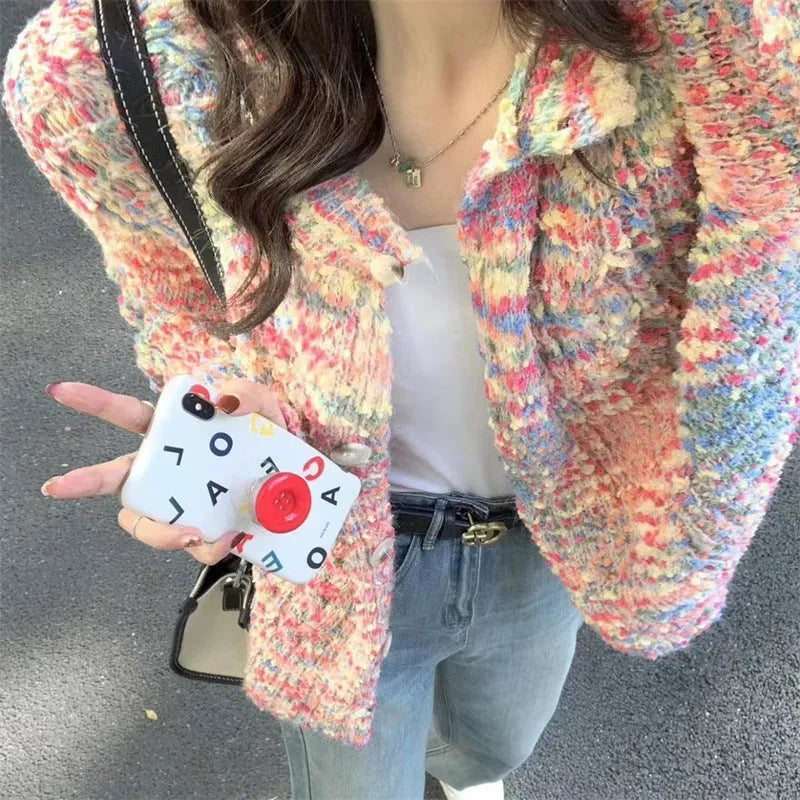 Retro rainbow knitted cardigan sweater in pink and green colours with slim fit free size
