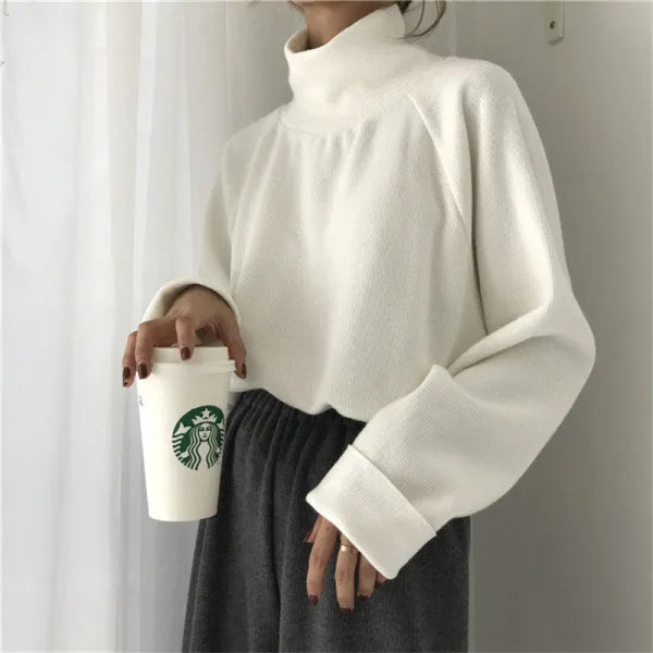 Women's half-high collar long sleeve loose top in solid colour on a hanger