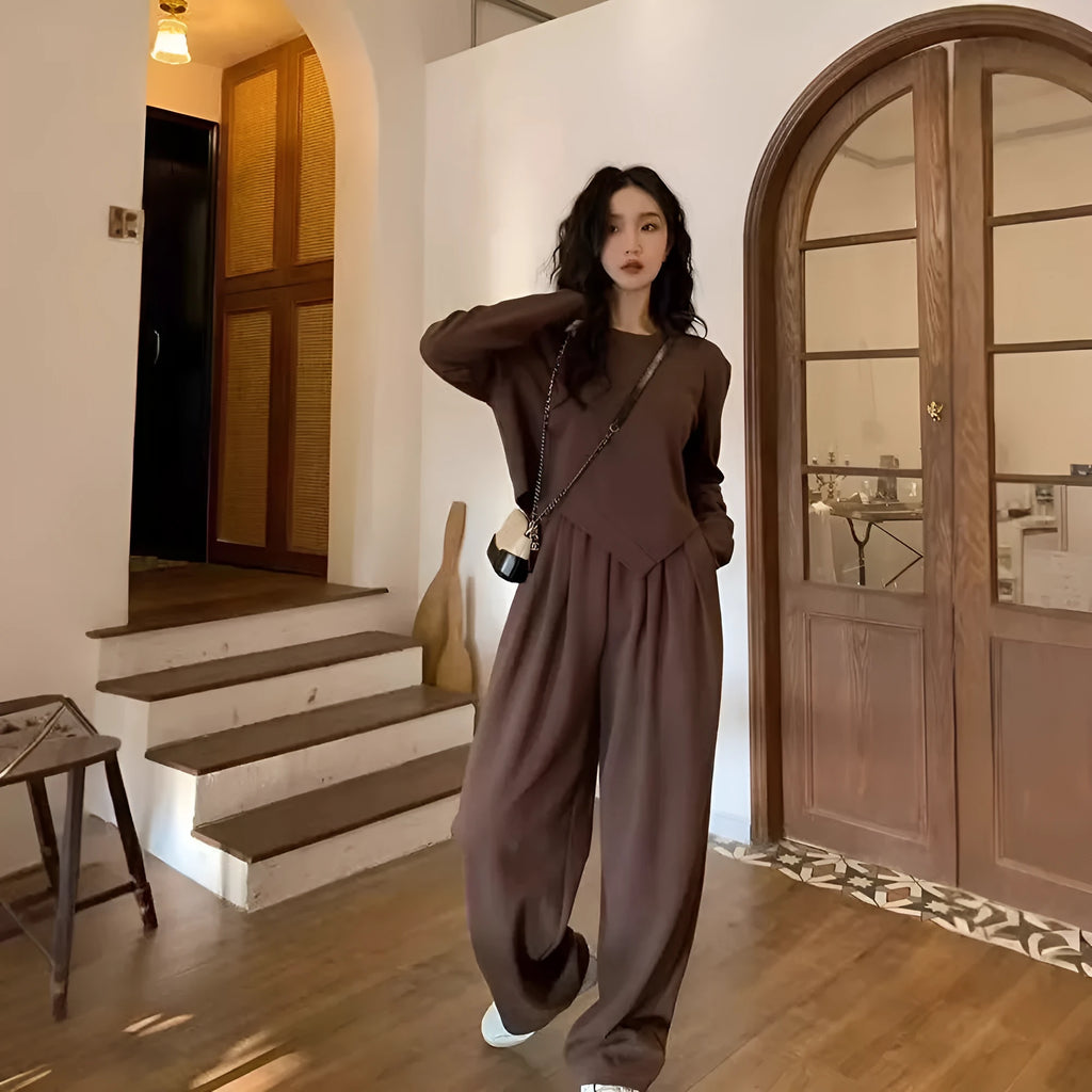 Women's brown casual sports suit with loose fit and Japanese Korean styling