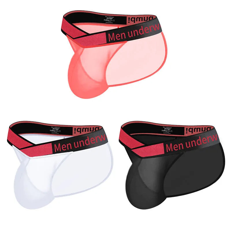 Men's transparent ice silk nylon briefs with large V gradient design in black red white colours