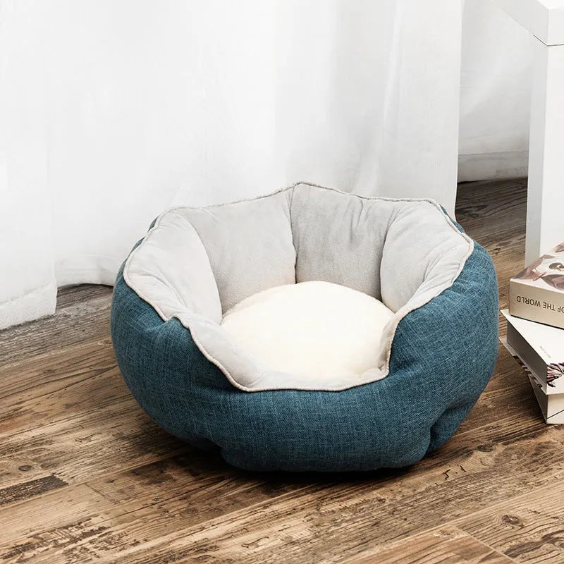 Warm winter pet bed octagonal shape with wool point design and removable mats in blue for cats and small dogs