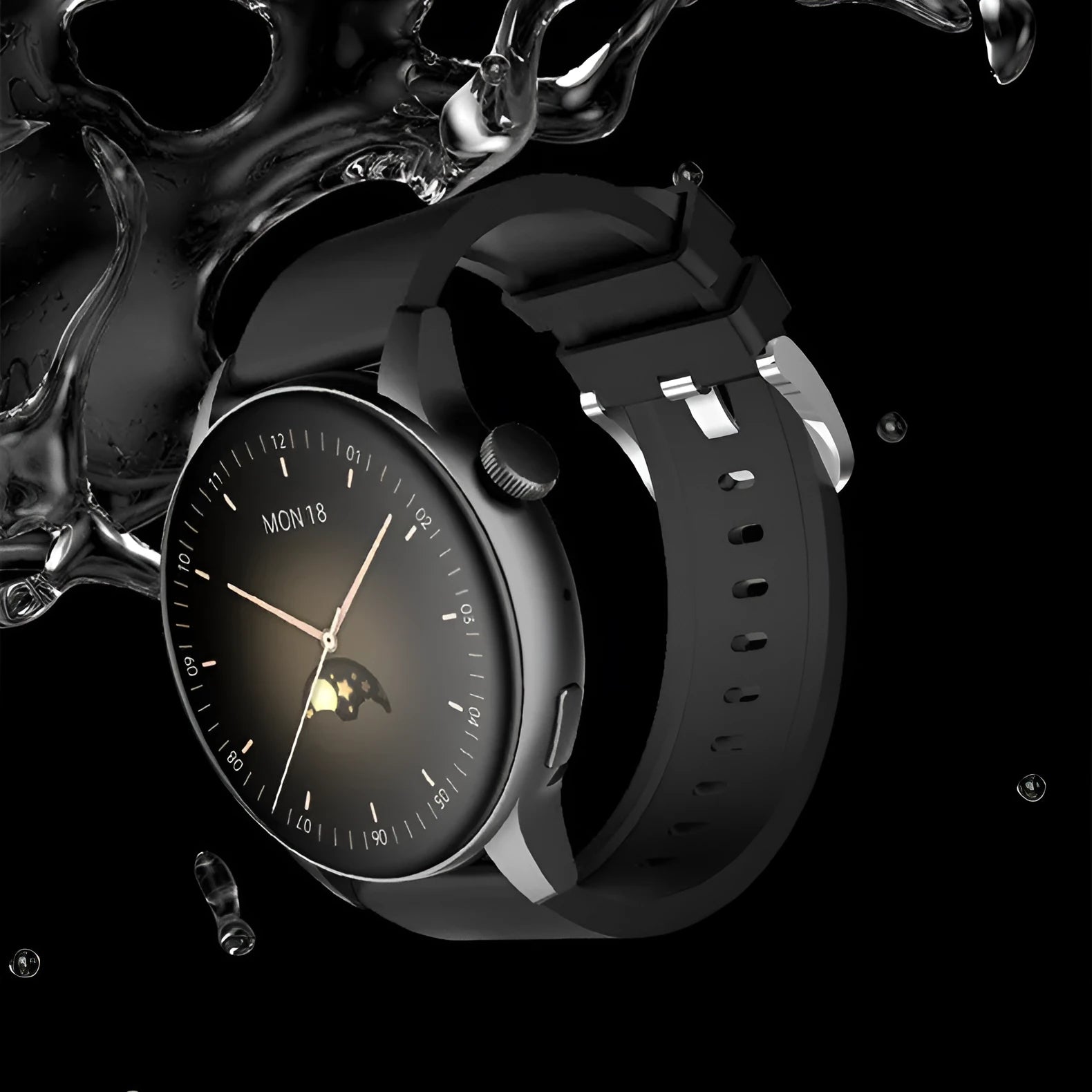 Stainless steel smart watch with 1.3-inch colour touchscreen on a wrist, showing fitness data.