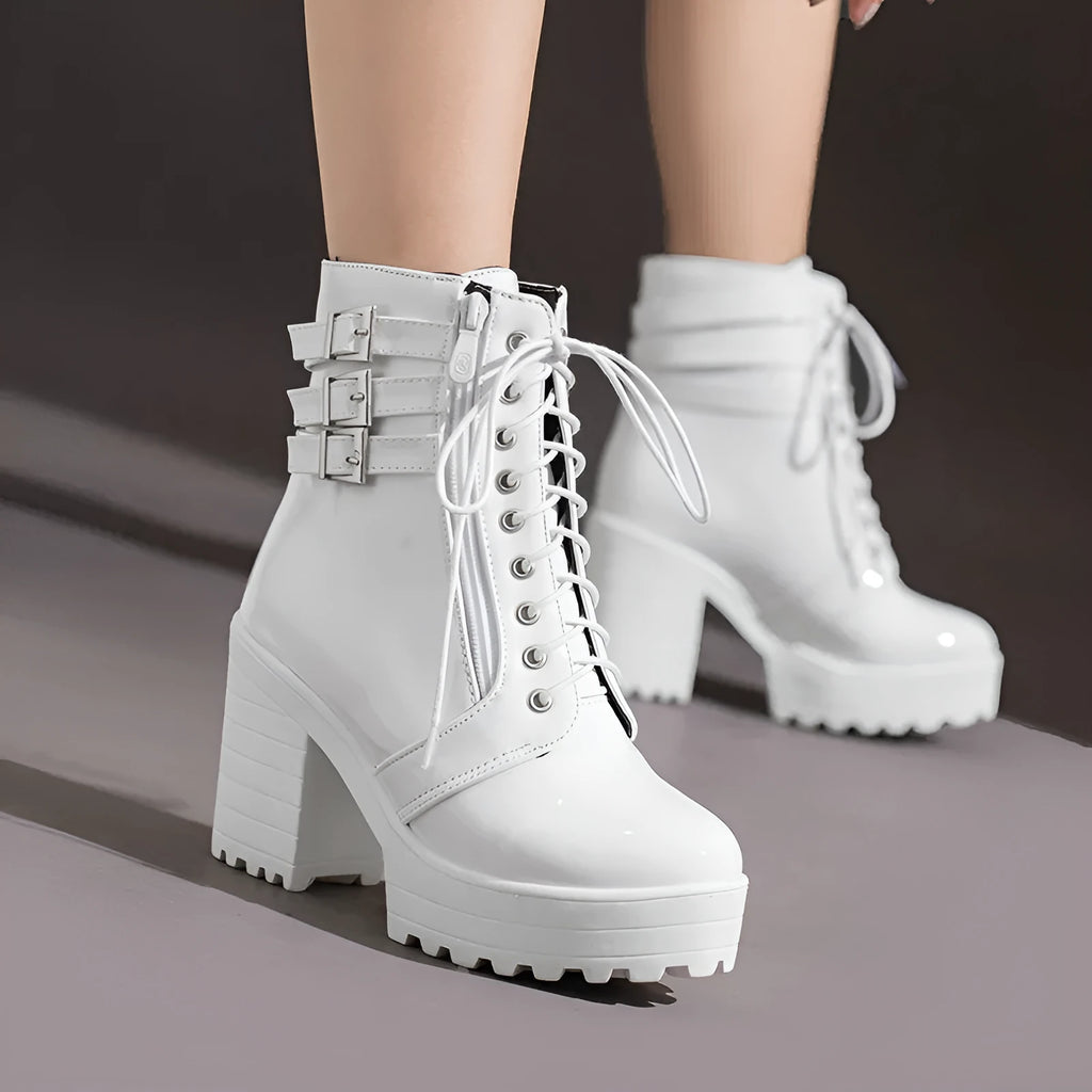 Women's black thick heel short boots with lace-up front and round toe design