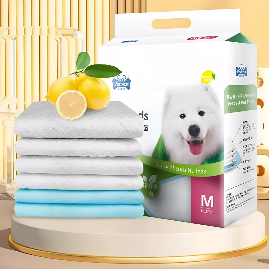 Pack of thickened dog urine pads showing available sizes S, M, L, XL and variant options like lemon scent and bamboo charcoal.