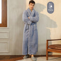 Thick flannel couple's bathrobe set in winter colours like Angola red and navy blue, shown in M size.