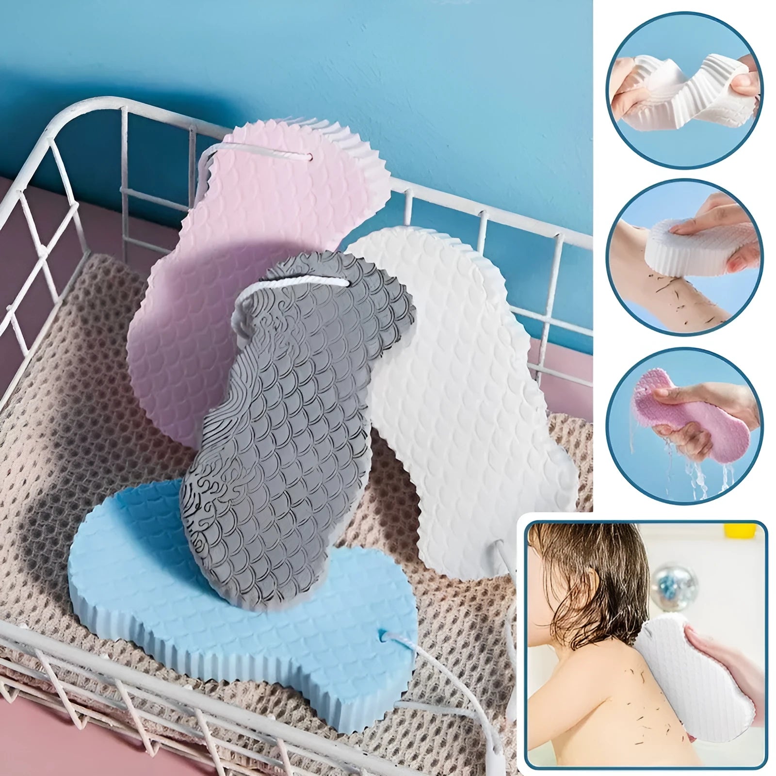 3D fish scale pattern bath sponge in multiple colours for gentle body exfoliation