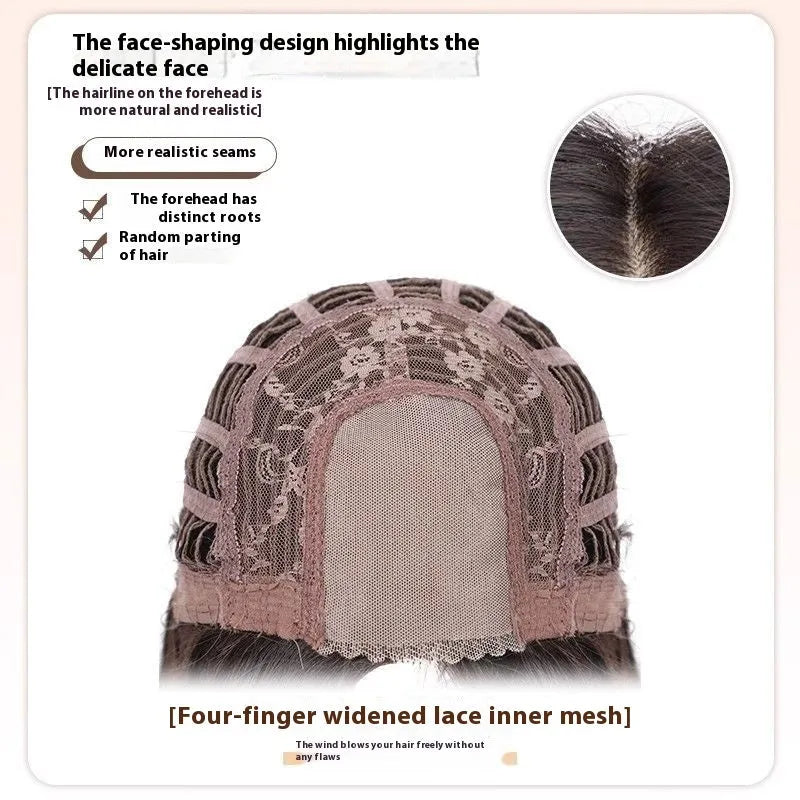 Full-head forehead lace mid-length straight wig in dark brown high temperature fibre on a mannequin