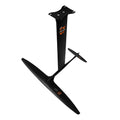 Black carbon fibre and aluminium racing surf hydrofoil with large front wing.