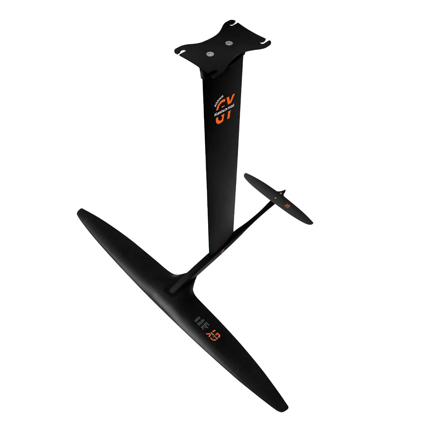 Black carbon fibre and aluminium racing surf hydrofoil with large front wing.