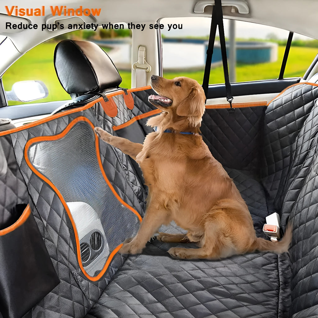 Black pet car seat mat with orange trim, showing mesh window and storage pocket on rear seat.