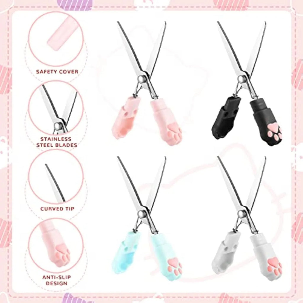 Small folding scissors with cat paw design on handles in choice of four colours, shown with blades safely closed.