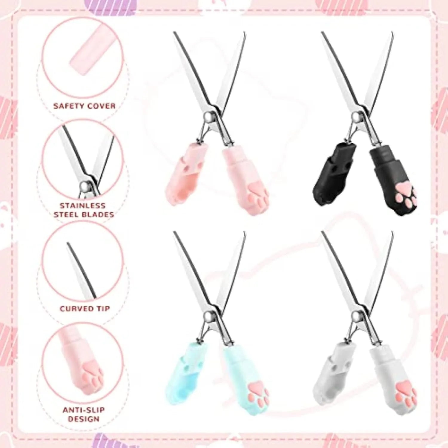 Small folding scissors with cat paw design on handles in choice of four colours, shown with blades safely closed.