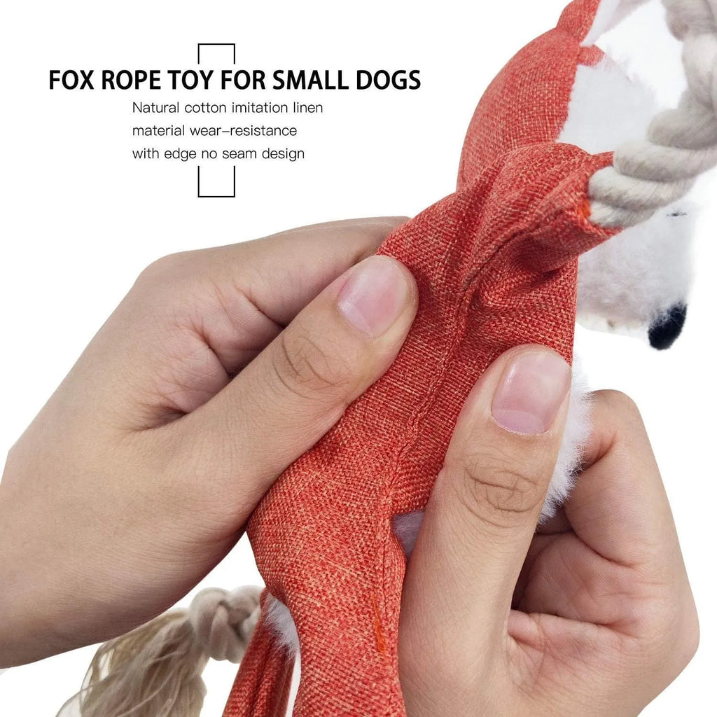 Brown fox-shaped plush dog toy with cotton rope arms and legs and embroidered eyes