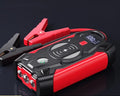 Red car emergency jump starter with digital display showing 39800W power and compact 190x90x45mm dimensions