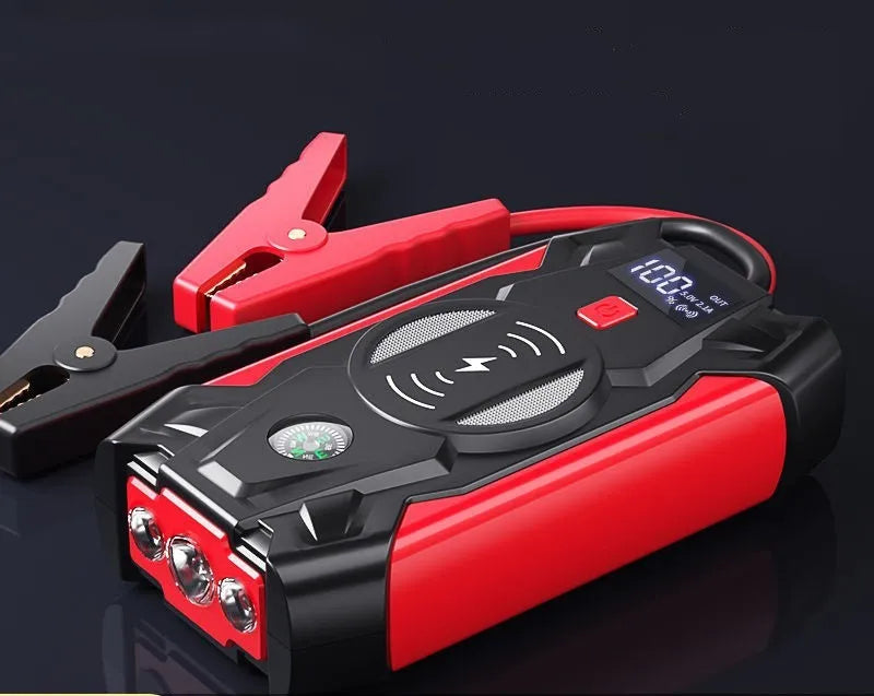 Red car emergency jump starter with digital display showing 39800W power and compact 190x90x45mm dimensions