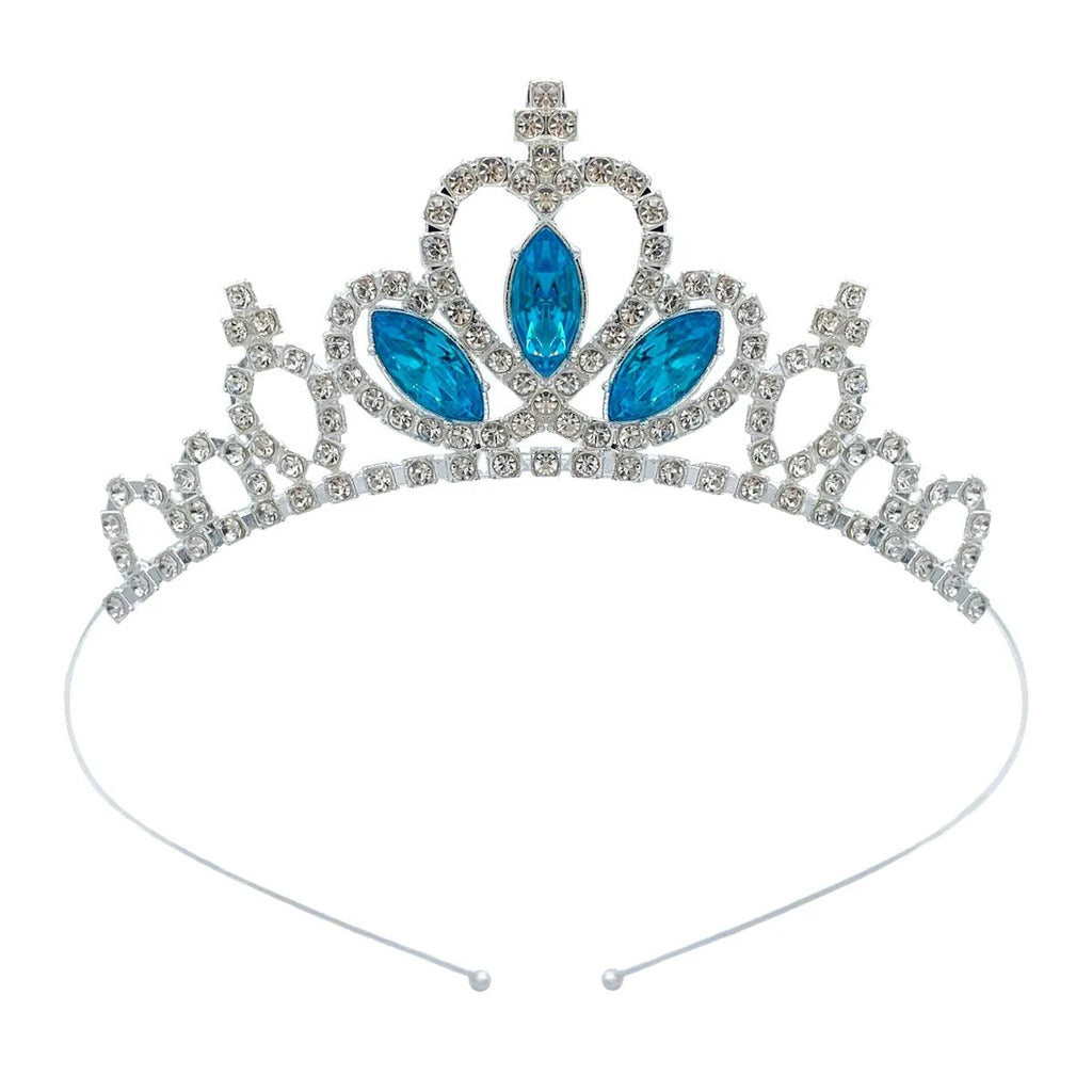 Gold tone alloy princess crown headdress with red coloured diamond accents for girls.