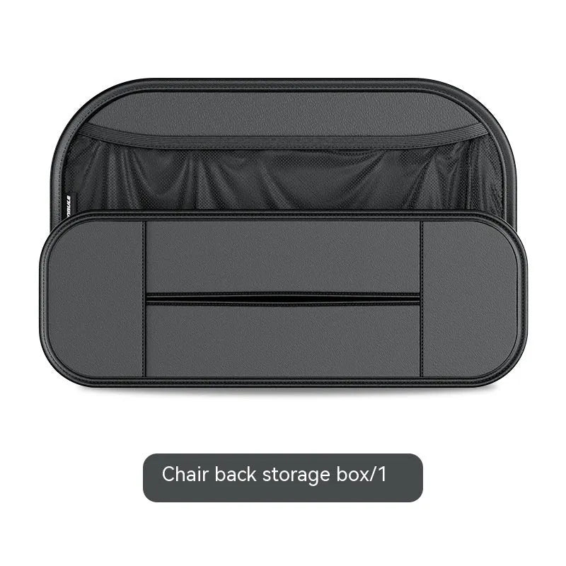 Black leather car seat rear storage bag showing its box shape and size against a vehicle seat.